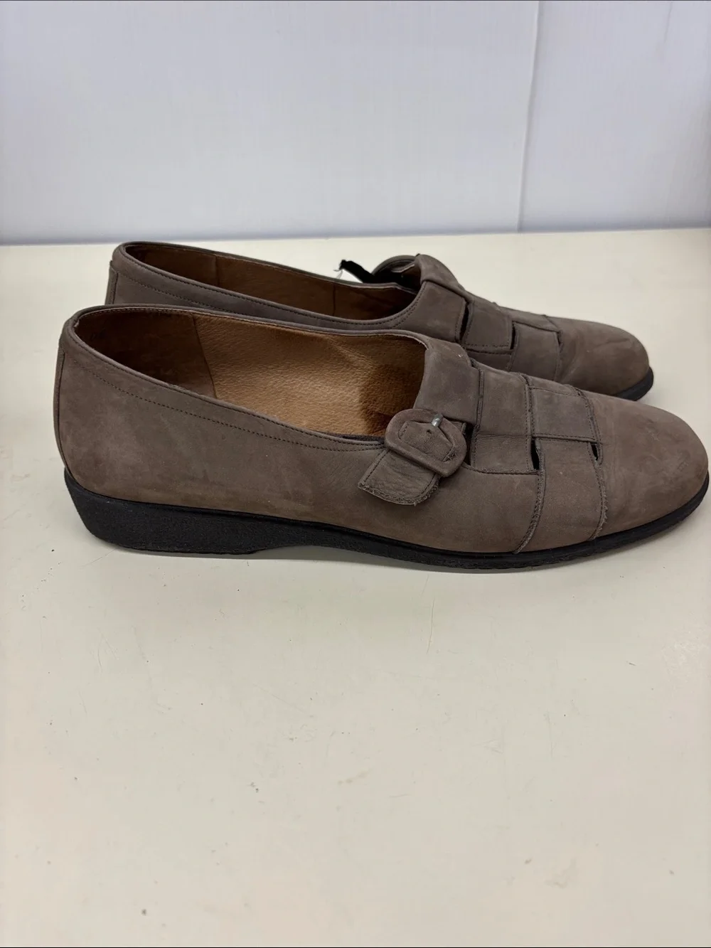 Classic Taupe Suede Slip-On Loafers with Buckle Detail